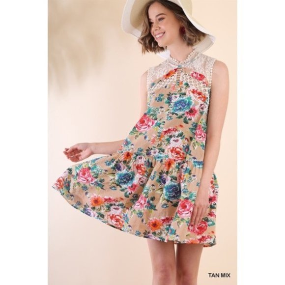 Umgee | Sleeveless Floral Print High Neck Dress Crochet Yoke Ruffle Hem Brunch - Picture 8 of 15